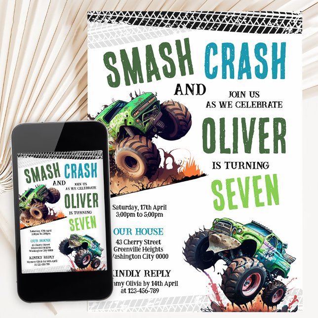 Modern Kids Monster Trucks Birthday Party Invitation (Creator Uploaded)