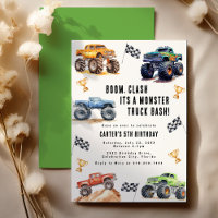 Modern Kids Monster Trucks Birthday Party Invitation