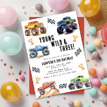 Modern Kids Monster Trucks Birthday Party Invitation<br><div class="desc">Attention all little party animals! Get ready to rev up the fun with our Young Wild And Three 3rd Birthday Kids Monster Car Trucks Invitation. Adorned with adorable and vibrant monster car trucks, this modern typography script invites you to join in on the celebration. Let's roar into the third year...</div>