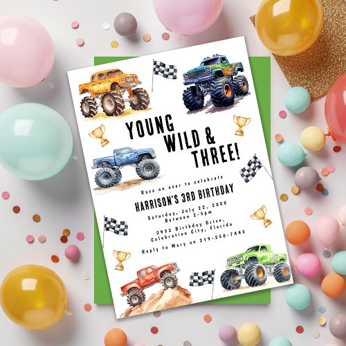 Modern Kids Monster Trucks Birthday Party Invitation