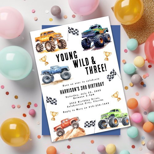 Modern Kids Monster Trucks Birthday Party Invitation