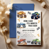 Modern Kids Monster Trucks Birthday Party Invitation