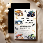 Modern Kids Monster Trucks Birthday Party Invitation<br><div class="desc">Attention all little party animals! Get ready to rev up the fun with our 'BOOM, CLASH ITS A MONSTER TRUCK BASH' Birthday Kids Monster Car Trucks Invitation. Adorned with adorable and vibrant monster car trucks, this modern typography script invites you to join in on the celebration. Let's roar into the...</div>