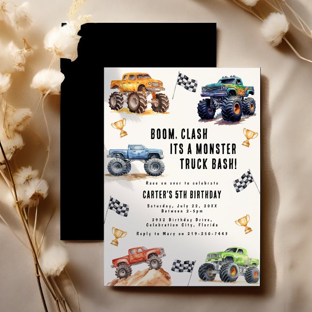 Modern Kids Monster Trucks Birthday Party Invitation (Creator Uploaded)