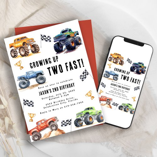 Modern Kids Monster Trucks Birthday Party Invitation