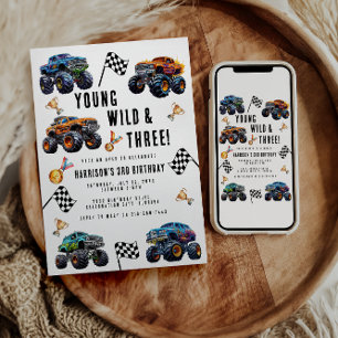 Modern Kids Monster Trucks Birthday Party Invitation