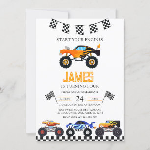 Modern Kids Monster Trucks Birthday Party Invitation