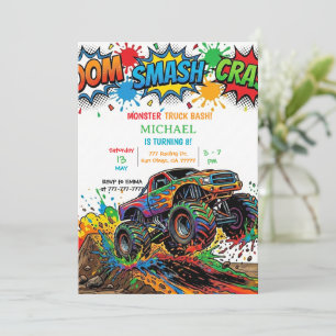 Modern Kids Monster Trucks Birthday Party Invitation