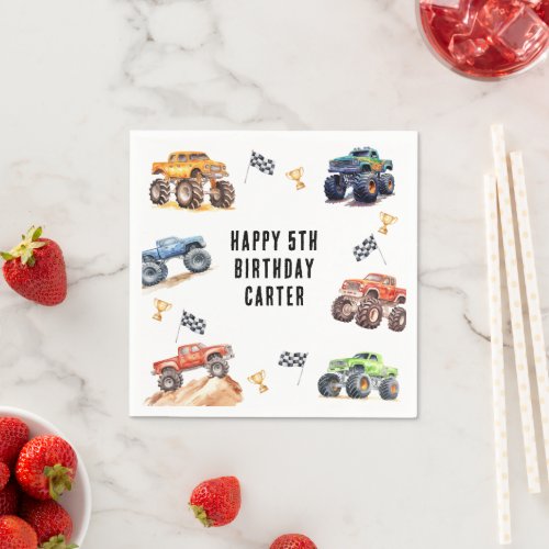 Modern Kids Monster Trucks Birthday Party Napkins