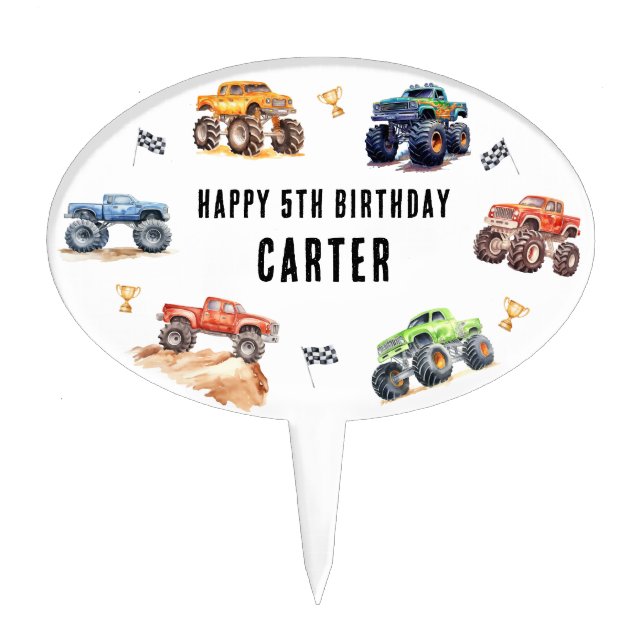 Modern Kids Monster Trucks Birthday Party Oval Cake Topper (Front)