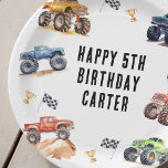 Modern Kids Monster Trucks Birthday Party Paper Plates<br><div class="desc">Attention all little party animals! Get ready to rev up the fun with our Kids Monster Car Trucks birthday party plates. Adorned with adorable and vibrant monster car trucks,  this modern typography script invites you to join in on the celebration.</div>