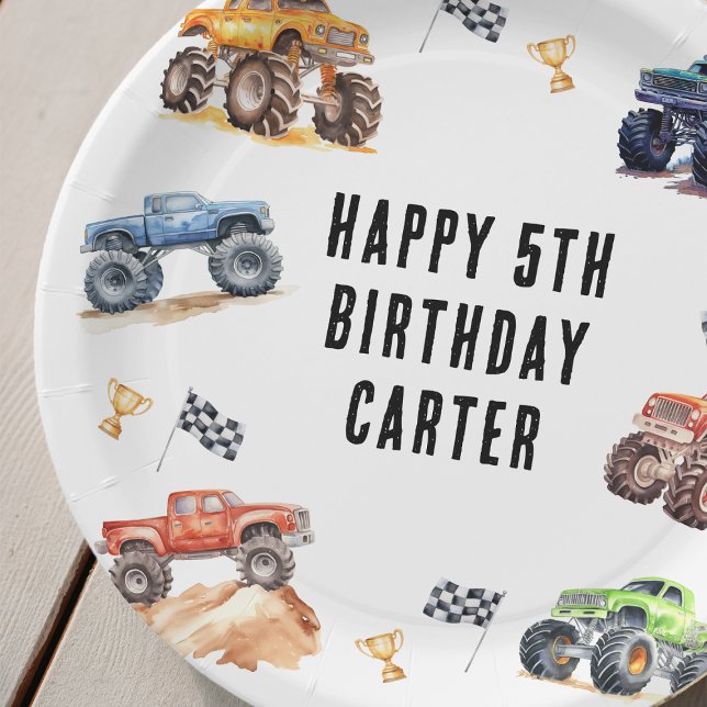 Modern Kids Monster Trucks Birthday Party Paper Plates (Creator Uploaded)