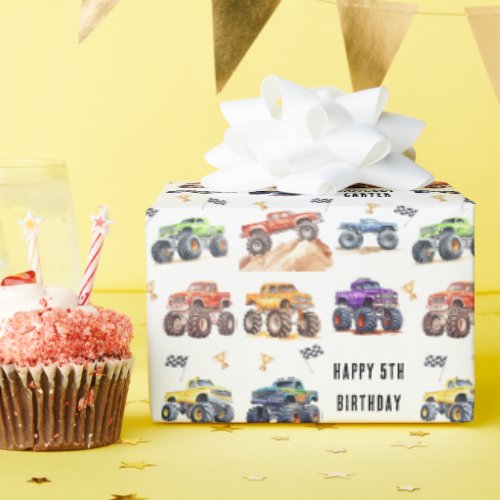 Modern Kids Monster Trucks Birthday Party Wrapping Paper