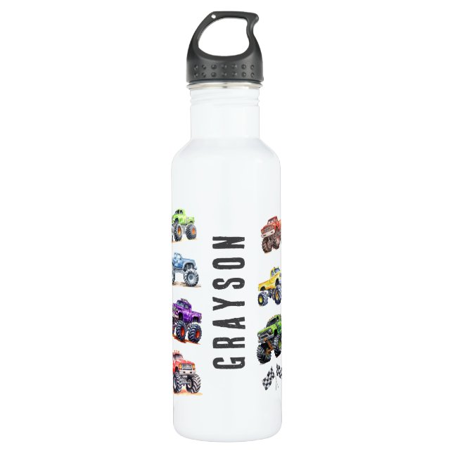 Modern Kids Monster Trucks Stainless Steel Water Bottle (Front)