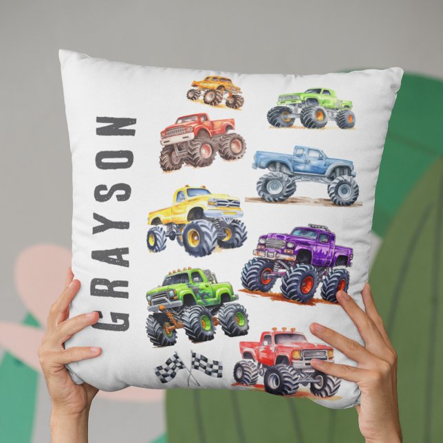 Modern Kids Monster Trucks Throw Pillow (Creator Uploaded)