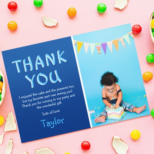 Modern Kids Photo Birthday  Blue Thank You Card