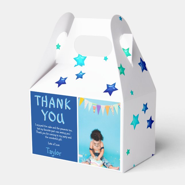 Modern Kids Photo Birthday | Blue Thank You Favor Boxes (Front Side)