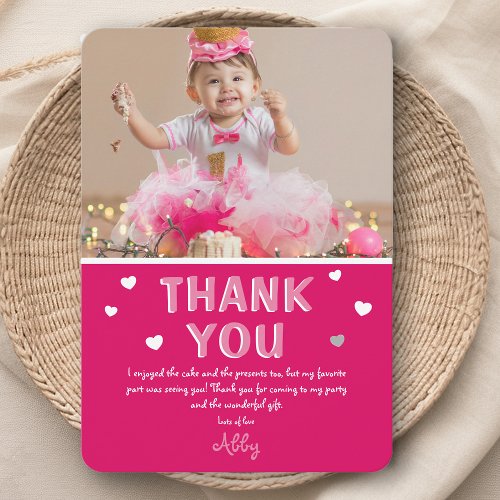 Modern Kids Photo Birthday  Pink Thank You Card