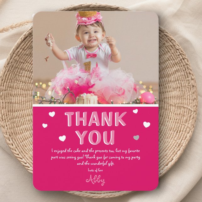 Modern Kids Photo Birthday | Pink Thank You Card (Creator Uploaded)