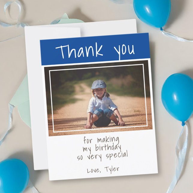 Modern Kids Photo Blue Birthday Thank you Card (Creator Uploaded)