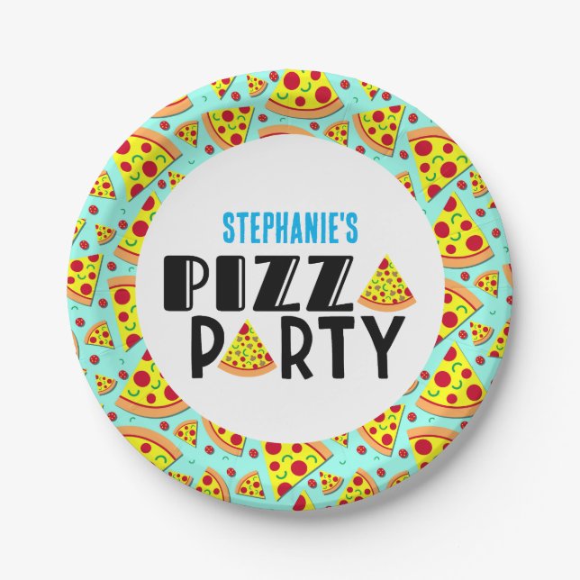 Modern Kids Pizza Birthday Party Custom Name Paper Plates (Front)