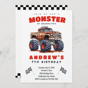 Modern Kids Red Monster Trucks Birthday Party Invitation