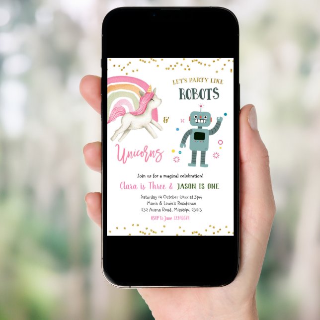 Modern Kid's Robots and Unicorn Siblings Birthday Invitation (Front Digital)