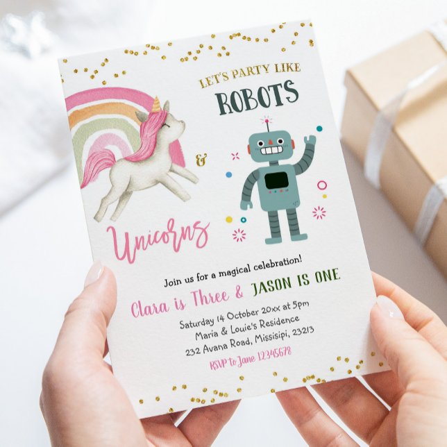 Modern Kid's Robots and Unicorn Siblings Birthday Invitation (Creator Uploaded)