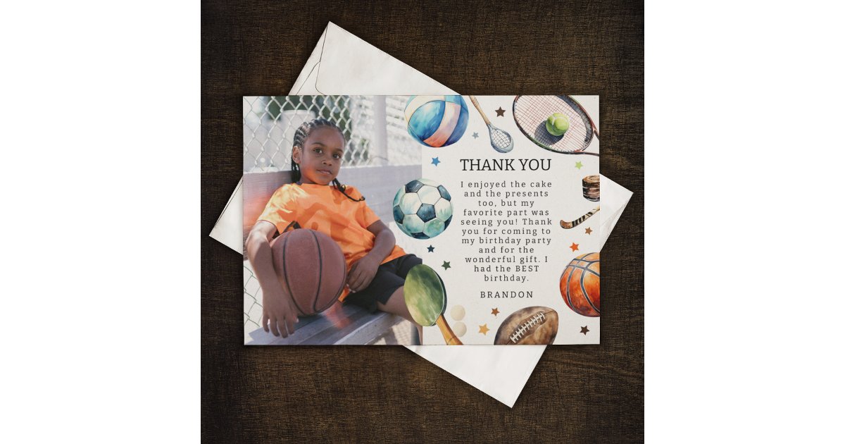 Modern Kids Sports Birthday Party Thank You Card | Zazzle