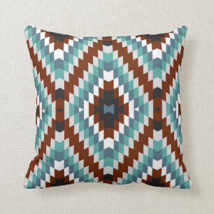 Modern Kilim Pattern Rust and Aqua Throw Pillow