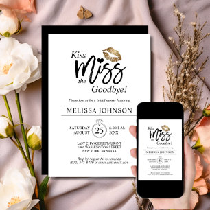 Modern Kiss Miss Goodbye Gold Lips Bridal Shower Invitation