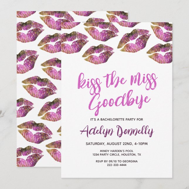 Modern Kiss The Miss Goodbye Bachelorette Invitation (Front/Back)
