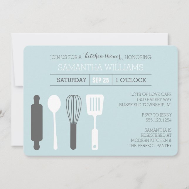 Modern Kitchen Bridal Shower Pale Blue Grey White Invitation (Front)