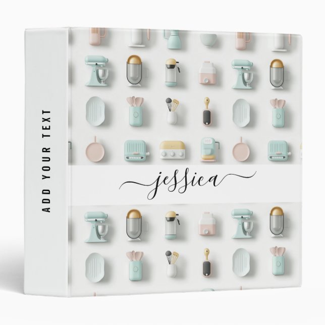 Modern kitchen icons pattern script name 3 ring binder (Front/Spine)
