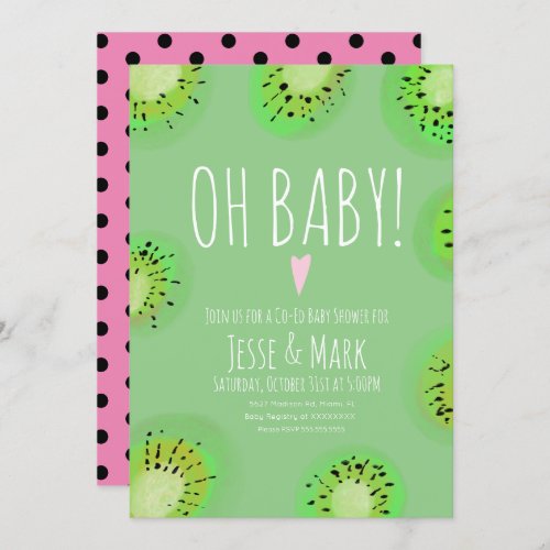 Modern Kiwi Baby Shower Watercolor Polk Dots Pink Invitation