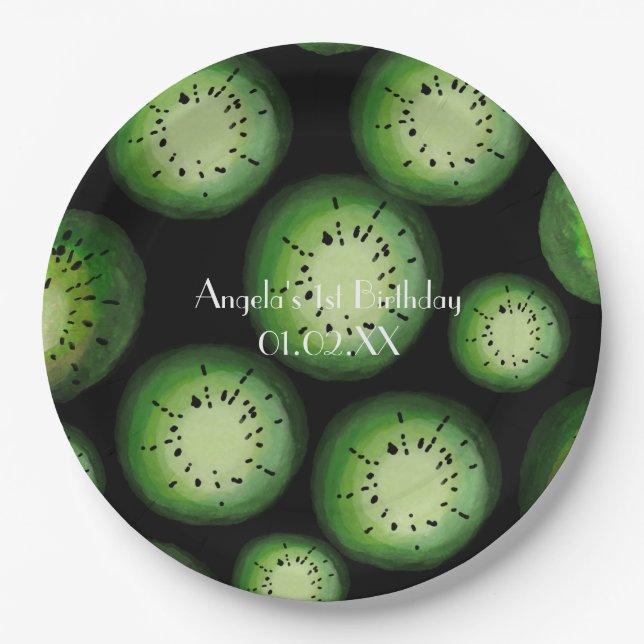 Modern Kiwi Fruit - Watercolor Birthday Any Age Paper Plates (Front)