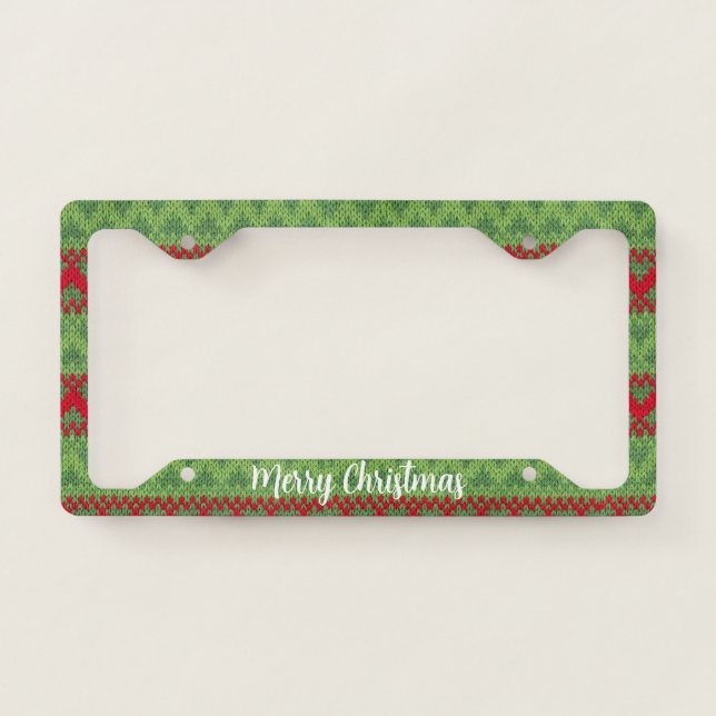 Modern Knitted Merry Christmas Text Pattern License Plate Frame (Front)