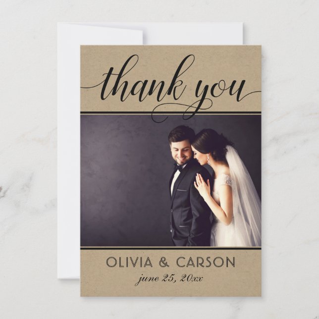 Modern Kraft and Black Script Wedding Photo Thank You Card (Front)