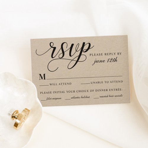 Modern Kraft and Black Script Wedding RSVP Card