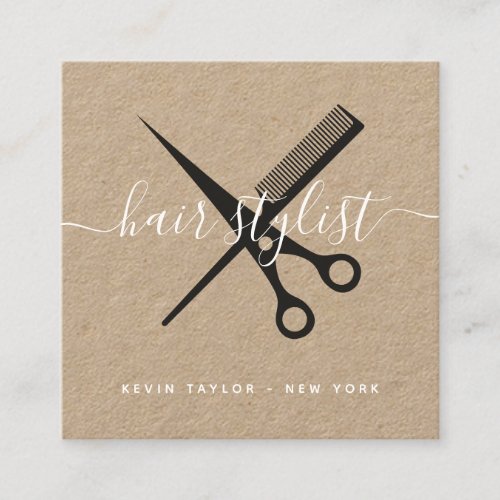 Modern kraft black scissors branding hair stylist square business card