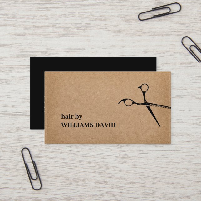 Modern Kraft Black Scissors Hair Stylist  Business Card (Front/Back In Situ)