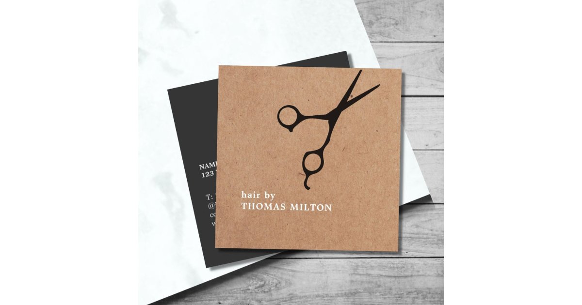 Modern Kraft Black Scissors Hair Stylist Square Business Card | Zazzle