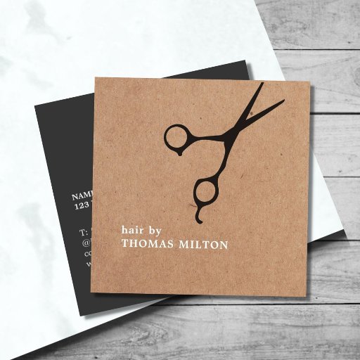 Customizable Modern Kraft Black Scissors Hair Stylist Square Business Card