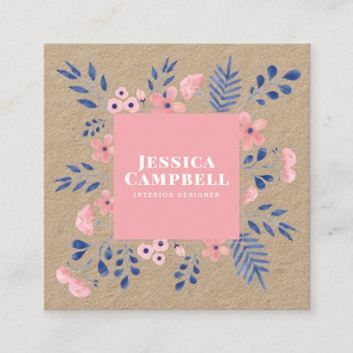 Modern kraft blue pink geometric watercolor floral square business card