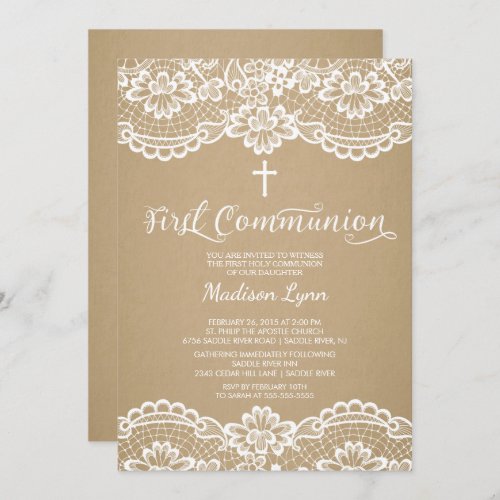 Modern Kraft Lace First Holy Communion Invitation