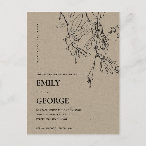 MODERN KRAFT LINE DRAWING FLORAL SAVE THE DATE ANNOUNCEMENT POSTCARD