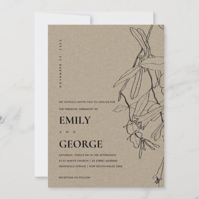 MODERN KRAFT LINE DRAWING FLORAL WEDDING INVITE (Front)
