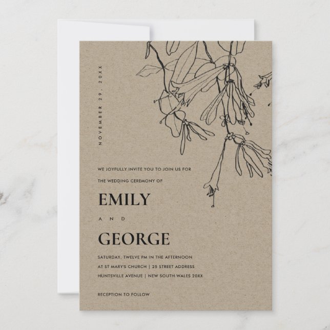 MODERN KRAFT LINE DRAWING FLORAL WEDDING INVITE (Front)