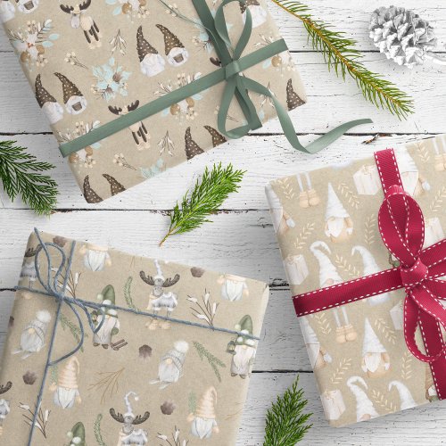 Modern Kraft Neutral Gnome Pattern Wrapping Paper Sheets