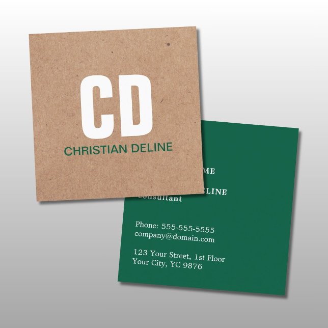 Modern Kraft Paper (printed) White Bold Monogram Square Business Card (Creator Uploaded)